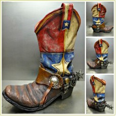 WESTERN Rustic COWBOY BOOT & SPUR VASE DECORATION Hand Painted Texas Flag Large   292348438957